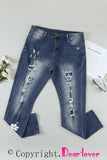 Sky Blue Floral Leopard Ripped Boyfriend Distressed Denim Pants Jeans LC782289-4