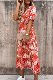 Red Women's Dresses Floral Palm Leaf Print Ruffled Midi Dress LC617735-3