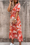 Red Women's Dresses Floral Palm Leaf Print Ruffled Midi Dress LC617735-3
