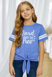 TZ25315-5-S, TZ25315-5-M, TZ25315-5-L, TZ25315-5-XL, TZ25315-5-XXL, Blue Kid's T Shirt Land of The Free Graphic Striped Sleeve Knot Hem Family Matching Tee Top