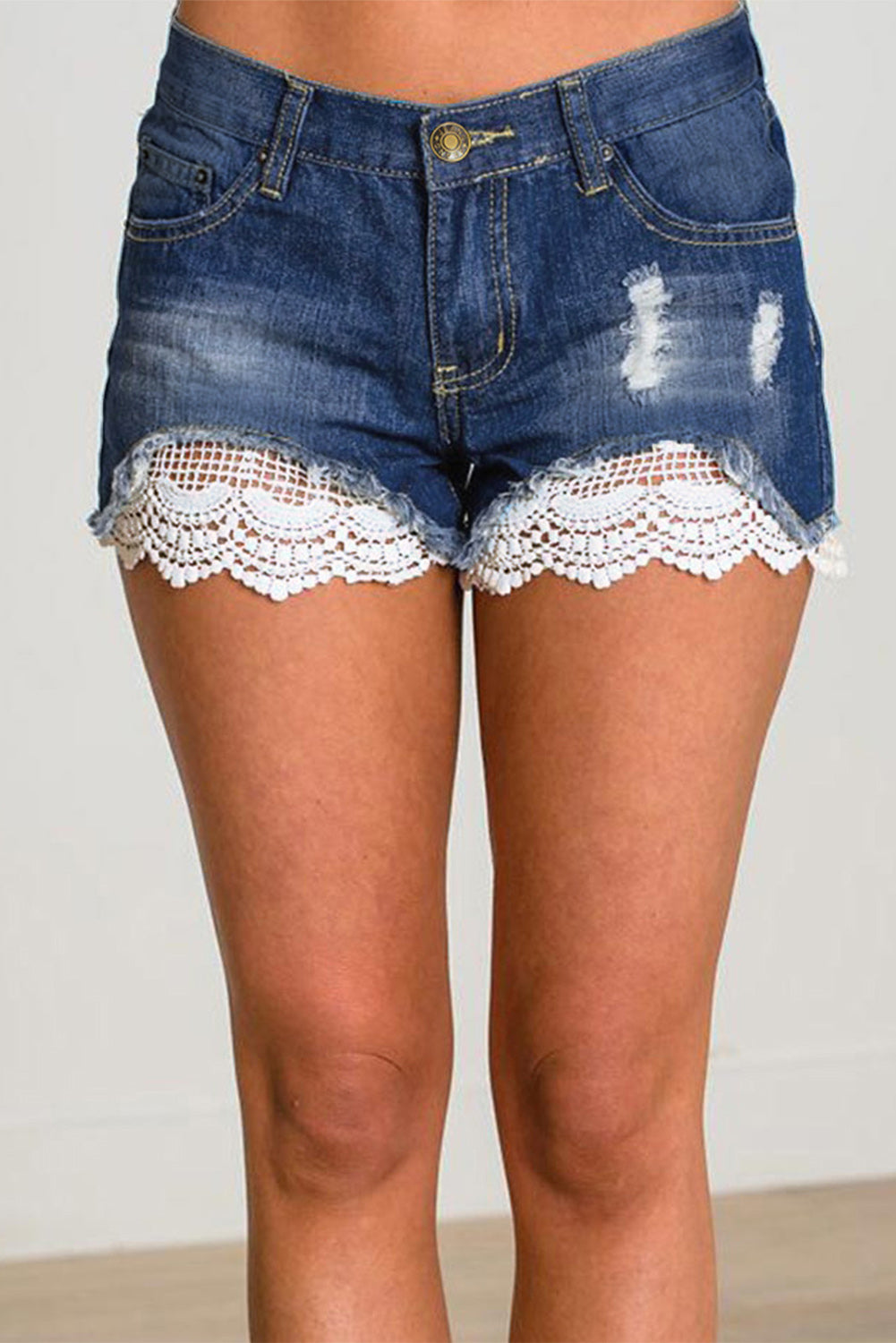 LC78193-5-S, LC78193-5-M, LC78193-5-L, LC78193-5-XL, LC78193-5-2XL, Blue Denim Shorts for Women Ripped Short Jeans Lace Splicing Distressed Denim Shorts
