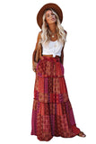 LC65608-3-S, LC65608-3-M, LC65608-3-L, LC65608-3-XL, LC65608-3-2XL, Womens Floral Printed Elastic Waist A Line Maxi Skirt Tiered Paisley Skirt