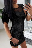 Black Womens Sequin Bodycon Mini Dress Mesh Sleeve Dress with Tassel LC228800-2