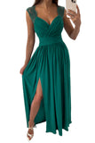 Green Womens V Neck Ruched Lace Splicing Maxi Dress with Side Split LC617432-9