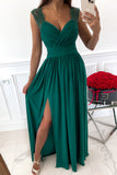 Green Womens V Neck Ruched Lace Splicing Maxi Dress with Side Split LC617432-9