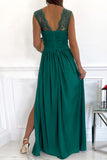 Green Womens V Neck Ruched Lace Splicing Maxi Dress with Side Split LC617432-9