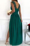 Green Womens V Neck Ruched Lace Splicing Maxi Dress with Side Split LC617432-9