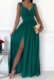 Green Womens V Neck Ruched Lace Splicing Maxi Dress with Side Split LC617432-9