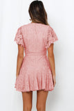 Pink White Mini Dress Wrap V Neck Floral Lace Short Dress LC224799-10