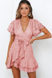 Pink White Mini Dress Wrap V Neck Floral Lace Short Dress LC224799-10