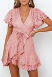 Pink White Mini Dress Wrap V Neck Floral Lace Short Dress LC224799-10