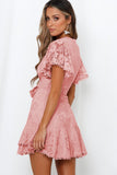 Pink White Mini Dress Wrap V Neck Floral Lace Short Dress LC224799-10