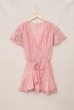 Pink White Mini Dress Wrap V Neck Floral Lace Short Dress LC224799-10