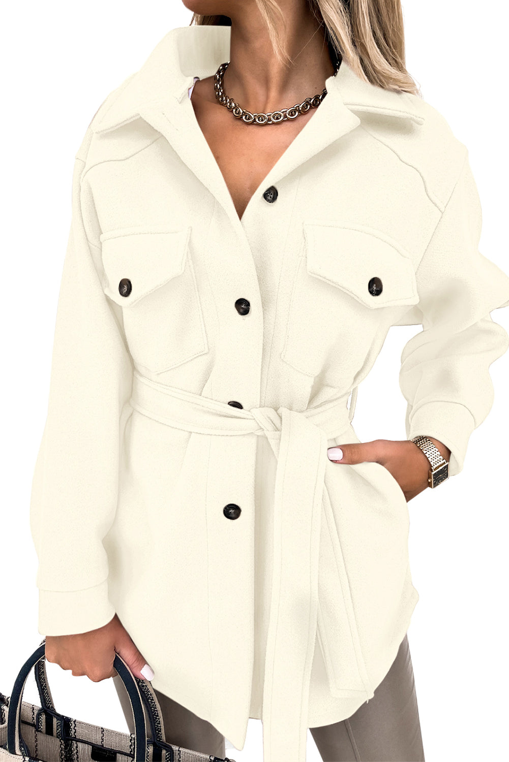 Beige Women's Lapel Button Down Coat Winter Belted Coat with Pockets LC8511359-15