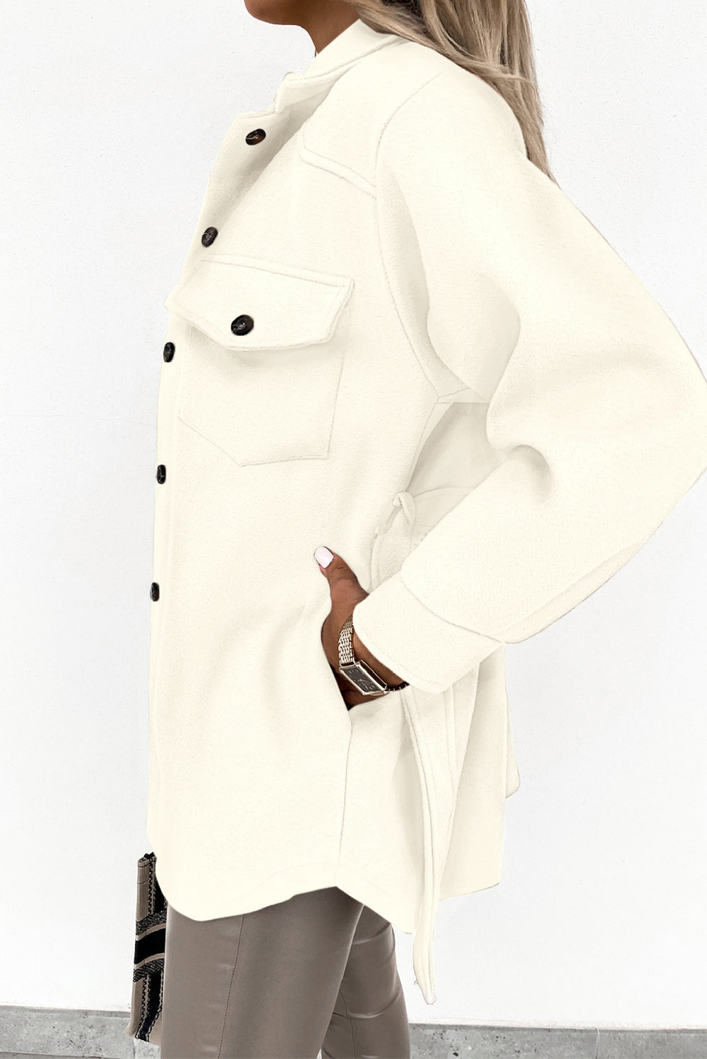 Beige Women's Lapel Button Down Coat Winter Belted Coat with Pockets LC8511359-15