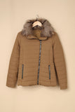 LC85117-17XXL, LC85117-17XL, LC85117-17L, LC85117-17M, LC85117-17S, Almond Brown Winter Coats for Women Camel Faux Fur Collar Trim Black Quilted Jacket Outerwear