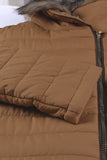 LC85117-17XXL, LC85117-17XL, LC85117-17L, LC85117-17M, LC85117-17S, Almond Brown Winter Coats for Women Camel Faux Fur Collar Trim Black Quilted Jacket Outerwear