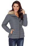 LC85117-11-XXL, LC85117-11-XL, LC85117-11-L, LC85117-11-M, LC85117-11-S, LC85117-11-2XL, Odyssey Grey Winter Coats for Women Camel Faux Fur Collar Trim Black Quilted Jacket Outerwear