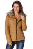 LC85117-17XXL, LC85117-17XL, LC85117-17L, LC85117-17M, LC85117-17S, Almond Brown Winter Coats for Women Camel Faux Fur Collar Trim Black Quilted Jacket Outerwear