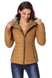 LC85117-17XXL, LC85117-17XL, LC85117-17L, LC85117-17M, LC85117-17S, Almond Brown Winter Coats for Women Camel Faux Fur Collar Trim Black Quilted Jacket Outerwear