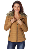LC85117-17XXL, LC85117-17XL, LC85117-17L, LC85117-17M, LC85117-17S, Almond Brown Winter Coats for Women Camel Faux Fur Collar Trim Black Quilted Jacket Outerwear