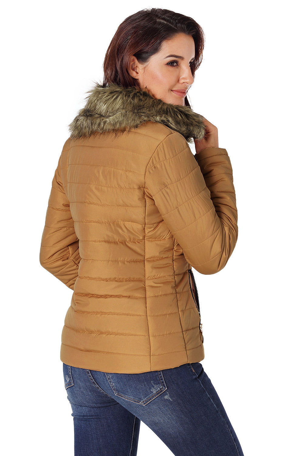 LC85117-17XXL, LC85117-17XL, LC85117-17L, LC85117-17M, LC85117-17S, Almond Brown Winter Coats for Women Camel Faux Fur Collar Trim Black Quilted Jacket Outerwear