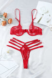 LC35300-3-S, LC35300-3-M, LC35300-3-L, Red Womens Lace Lingerie Crisscross Back Sexy Triangle Bra and Panty Set