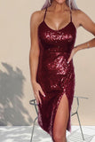 Red Sexy Red Sequin Dress Cami Midi Dress With Side Slit LC617422-3