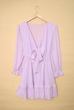 Pink Womens Deep V Neck Lantern Sleeve Knotted Tiered Mini White Dress LC227391-10