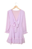 Pink Womens Deep V Neck Lantern Sleeve Knotted Tiered Mini White Dress LC227391-10