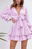 Pink Womens Deep V Neck Lantern Sleeve Knotted Tiered Mini White Dress LC227391-10