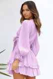 Pink Womens Deep V Neck Lantern Sleeve Knotted Tiered Mini White Dress LC227391-10