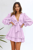 Pink Womens Deep V Neck Lantern Sleeve Knotted Tiered Mini White Dress LC227391-10