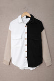 LC2551387-2-S, LC2551387-2-M, LC2551387-2-L, LC2551387-2-XL, LC2551387-2-2XL, LC2551387-2-3XL, Black Women Oversized Shirts Color Block Button Shacket Jacket