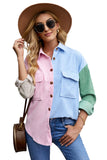 LC2551387-22-S, LC2551387-22-M, LC2551387-22-L, LC2551387-22-XL, LC2551387-22-2XL, LC2551387-22-3XL, Multicolor Women Oversized Shirts Color Block Button Shacket Jacket