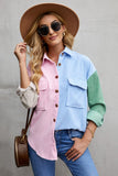Women Oversized Shirts Color Block Button Shacket Jacket