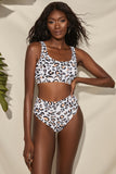 LC43594-1-S, LC43594-1-M, LC43594-1-L, LC43594-1-XL, White Sequare Neck Two Piece Swimsuit Leopard Bralette High Waist Bikini for Women