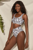 LC43594-1-S, LC43594-1-M, LC43594-1-L, LC43594-1-XL, White Sequare Neck Two Piece Swimsuit Leopard Bralette High Waist Bikini for Women