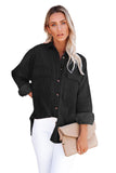 LC8511383-2-S, LC8511383-2-M, LC8511383-2-L, LC8511383-2-XL, LC8511383-2-2XL, Black Womens Boyfriend Shirt Ribbed Shacket Loose Fit Long Sleeve Tops