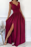 Red Womens V Neck Ruched Lace Splicing Maxi Dress with Side Split LC617432-3