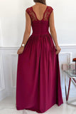 Red Womens V Neck Ruched Lace Splicing Maxi Dress with Side Split LC617432-3