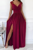 Red Womens V Neck Ruched Lace Splicing Maxi Dress with Side Split LC617432-3