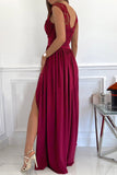 Red Womens V Neck Ruched Lace Splicing Maxi Dress with Side Split LC617432-3