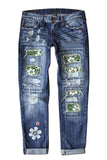 Green Floral Leopard Ripped Boyfriend Distressed Denim Pants Jeans LC782289-9