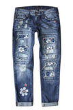 Sky Blue Floral Leopard Ripped Boyfriend Distressed Denim Pants Jeans LC782289-4