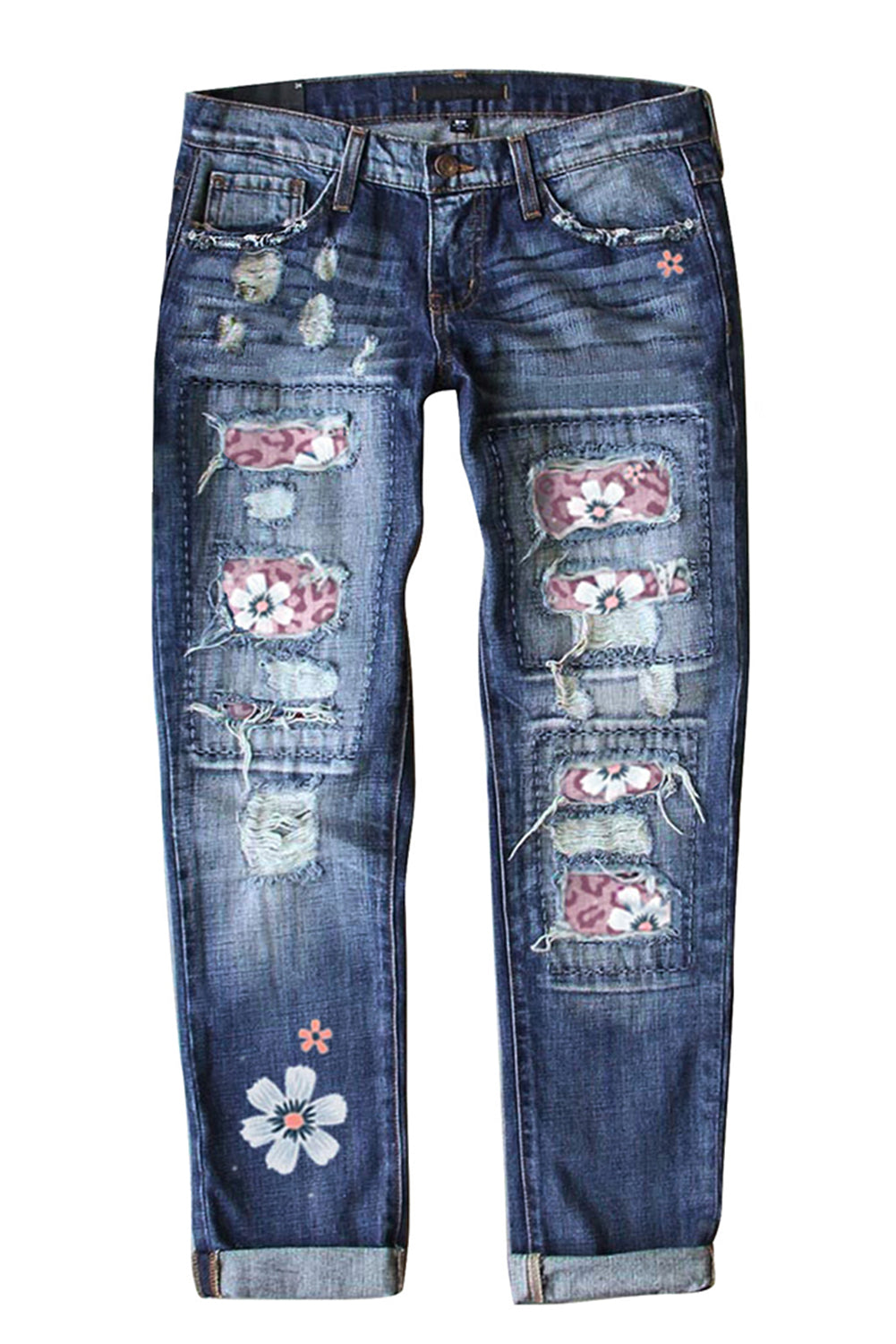 Pink Floral Leopard Ripped Boyfriend Distressed Denim Pants Jeans LC782289-10