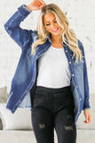 LC8511533-5-S, LC8511533-5-M, LC8511533-5-L, LC8511533-5-XL, LC8511533-5-2XL, Blue Women's Oversized Denim Jacket Boyfriend Distressed Jean Trucker Jacket