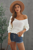 Women White Long Sleeve V Neck Loose Open Knit Sweater