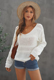 Women White Long Sleeve V Neck Loose Open Knit Sweater