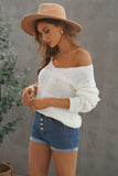 Women White Long Sleeve V Neck Loose Open Knit Sweater